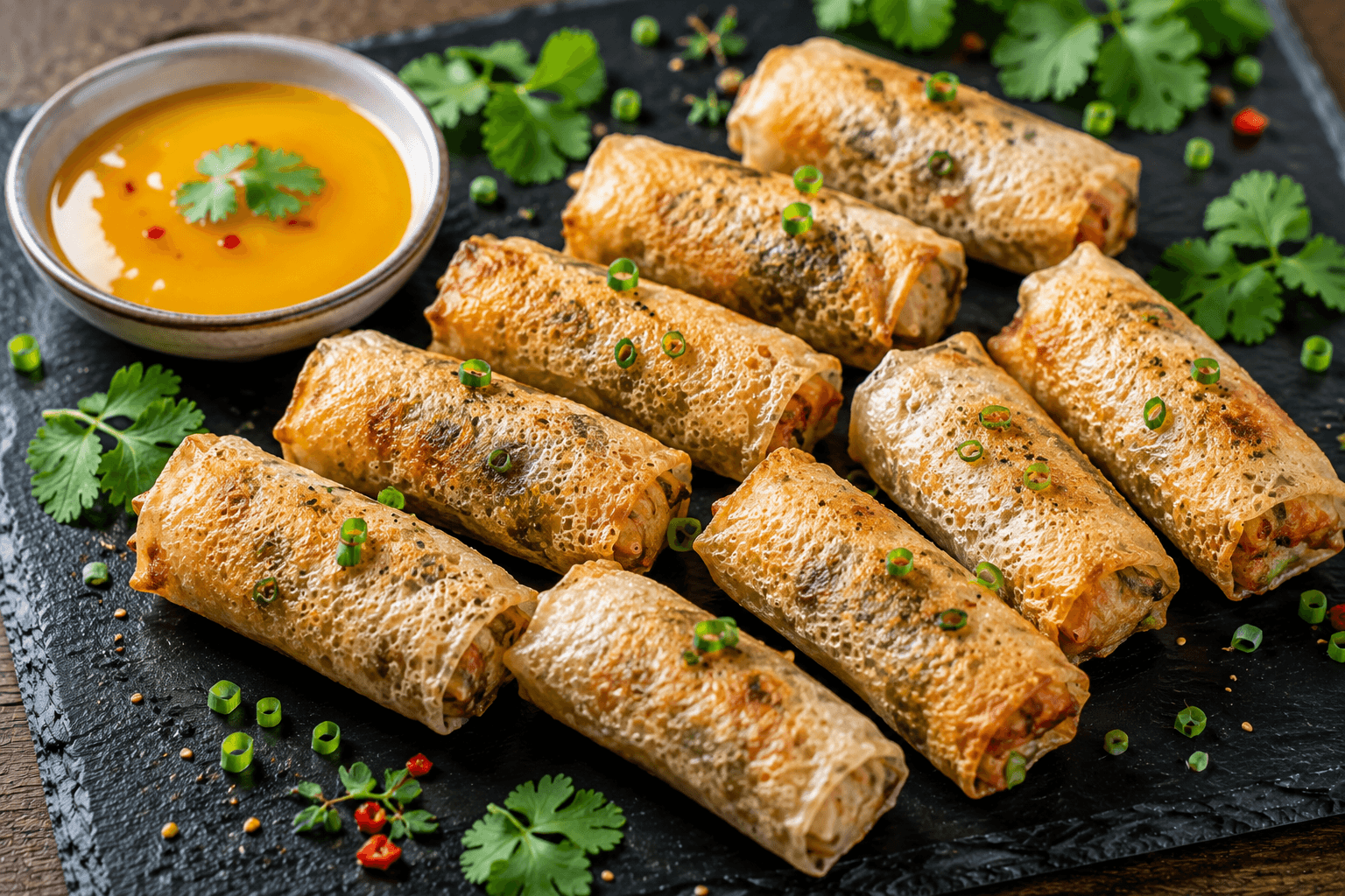 Gebackene Reisblatt-Frühlingsrollen mit Mango-Soße