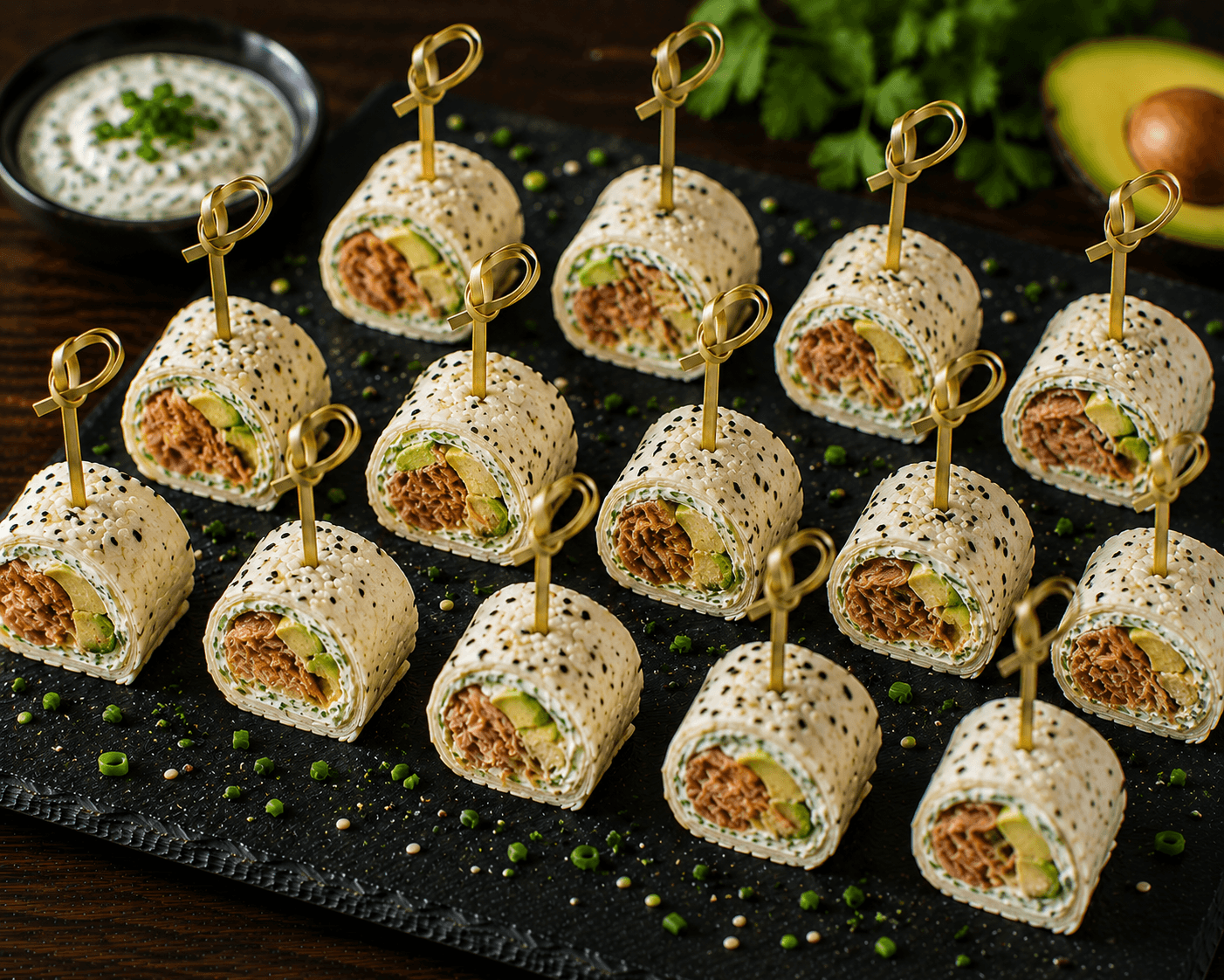 Pulled-Pork-Wrap-Röllchen mit Sesam-Frischkäse und Avocado