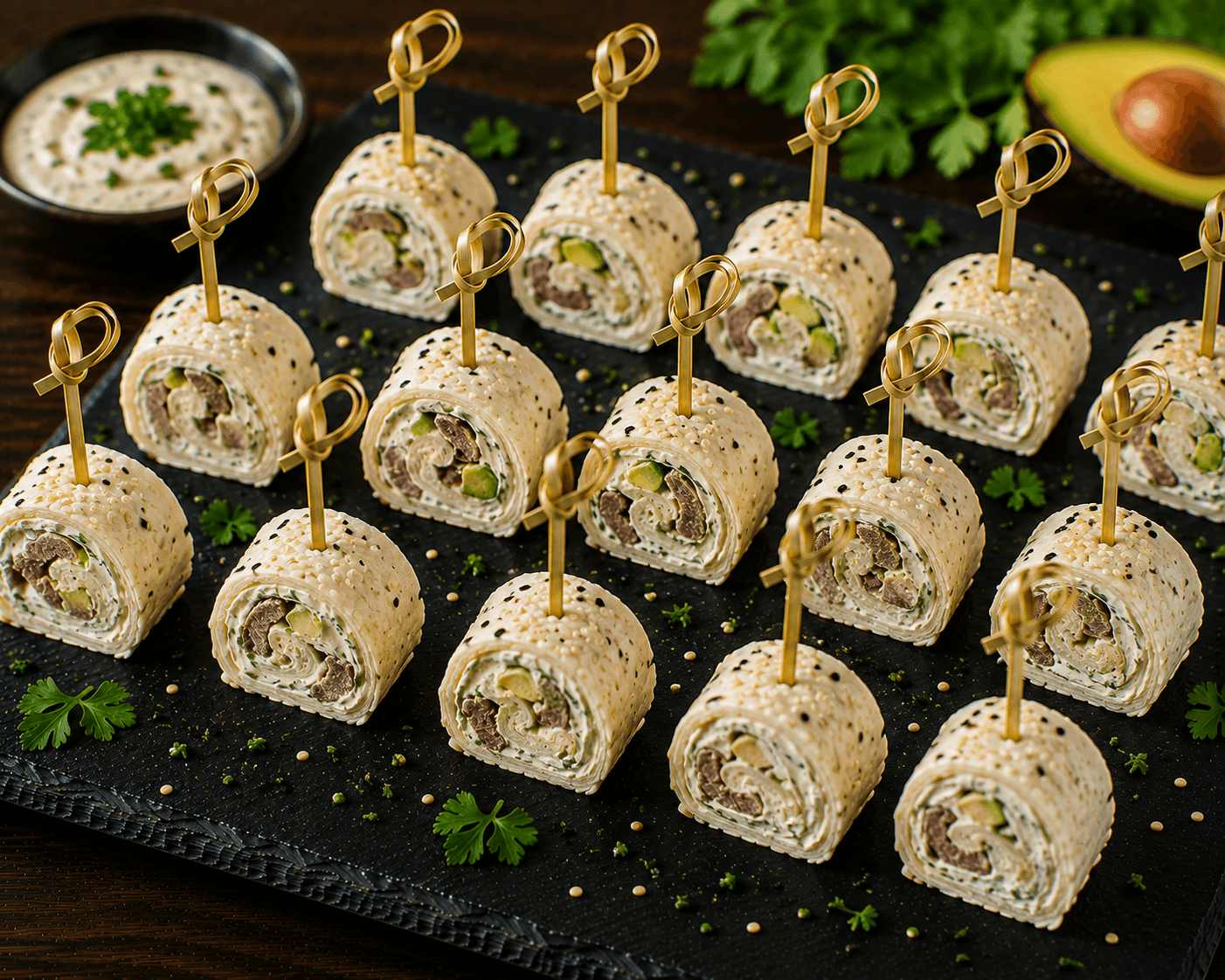 Rindfleisch-Wrap-Röllchen mit Sesam-Frischkäse und Avocado