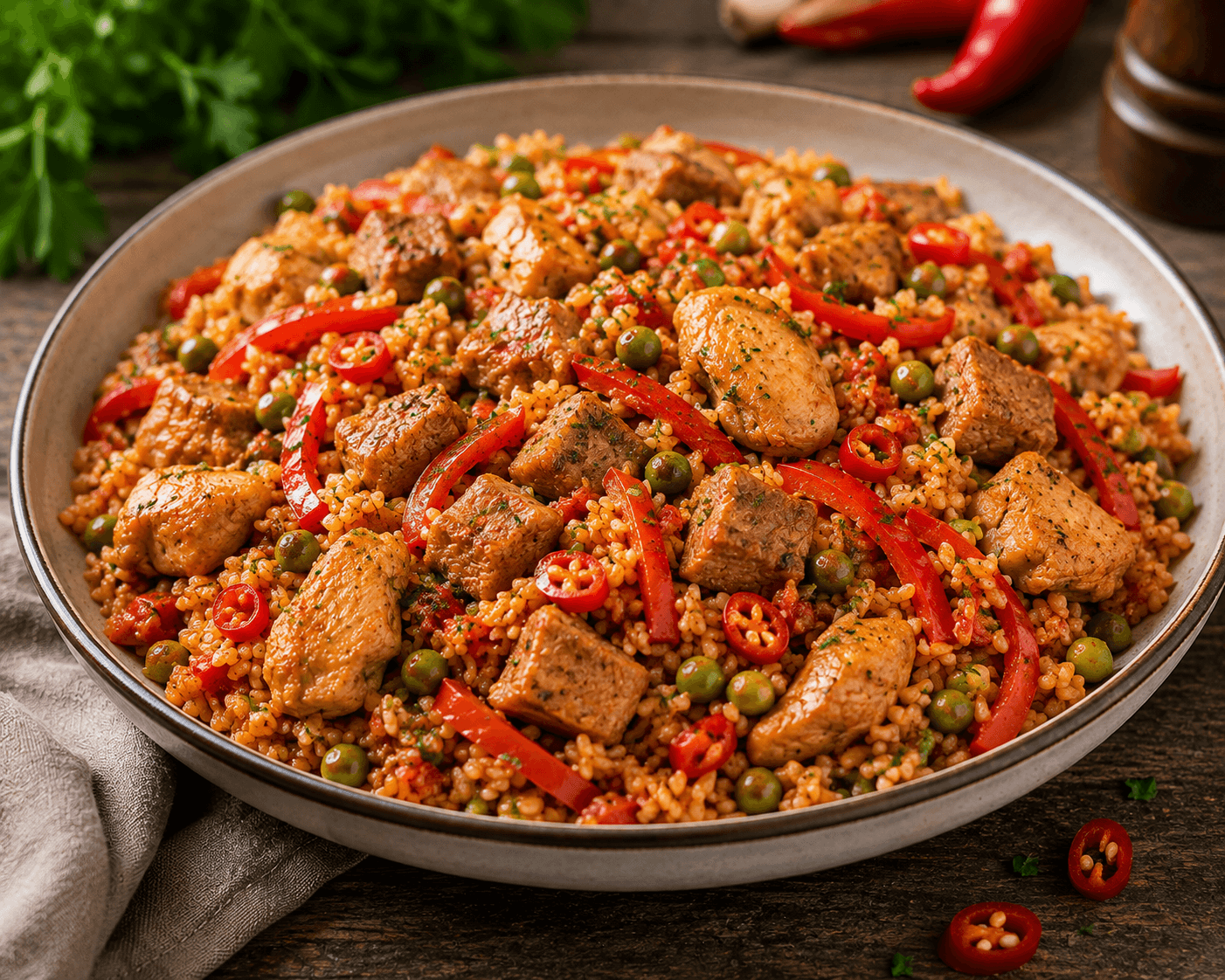 Serbisches Reisfleisch mit Geflügel/Schwein, Paprika, Erbsen und Chili