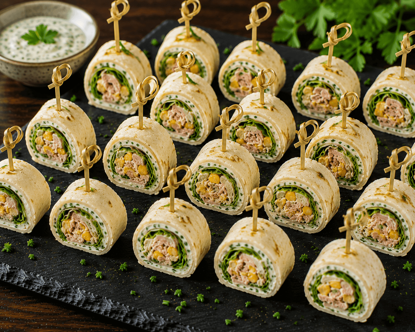 Thunfisch-Tortilla-Wrap-Röllchen mit Mais und Kräutercreme